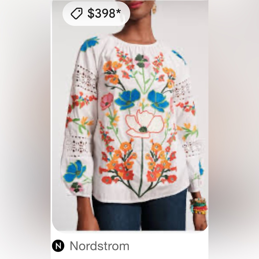Francis Valentine Embroidered White Floral Peasant Blouse Medium